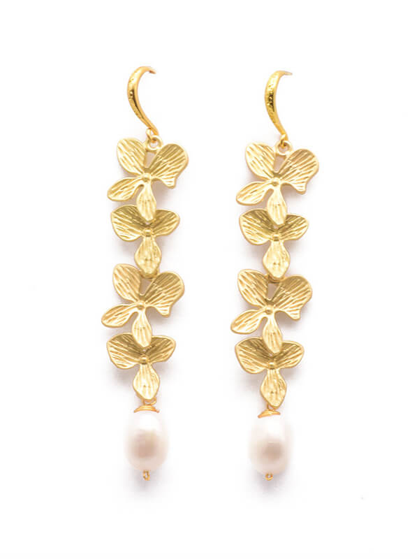 Gold Floral Drop Earrings with Pearl for Women | Fiora