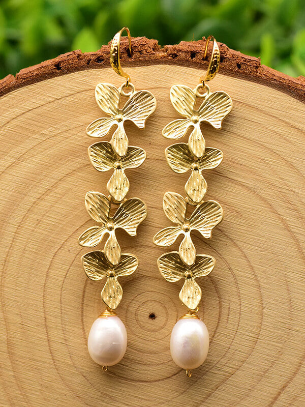 Gold Floral Drop Earrings with Pearl for Women | Fiora Gold One Size