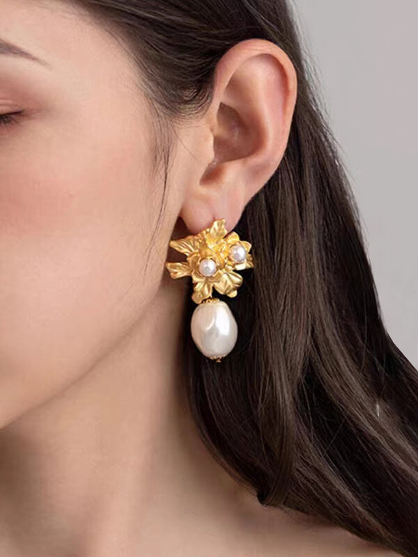 Gold Floral Pearl Drop Earrings for Women | Amanda