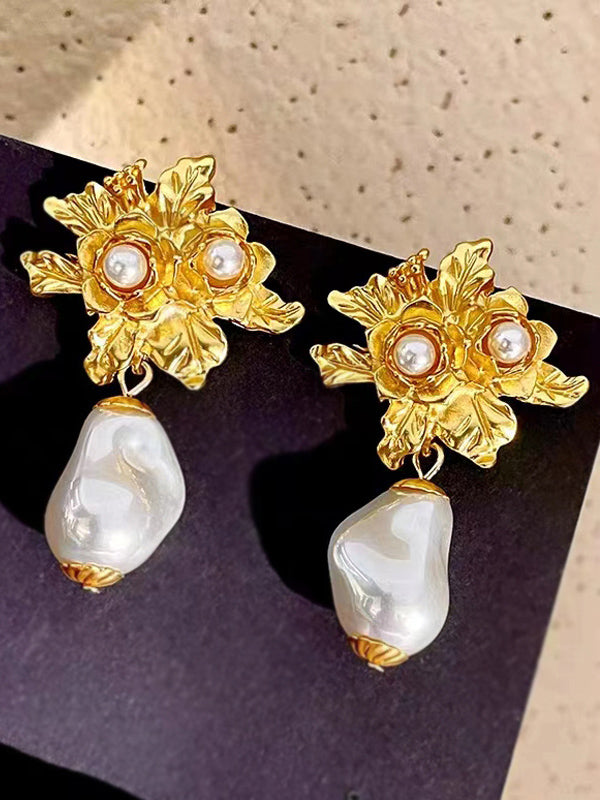 Gold Floral Pearl Drop Earrings for Women | Amanda