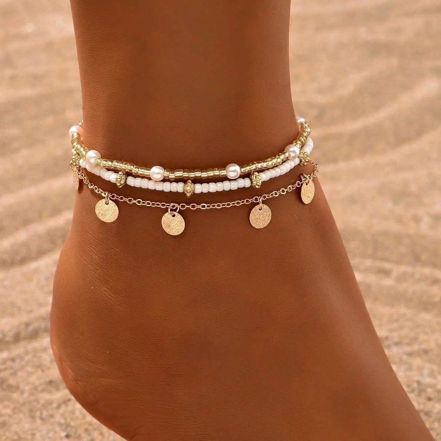 Gold & Pearl Layered Anklet Set for Women | Carmel