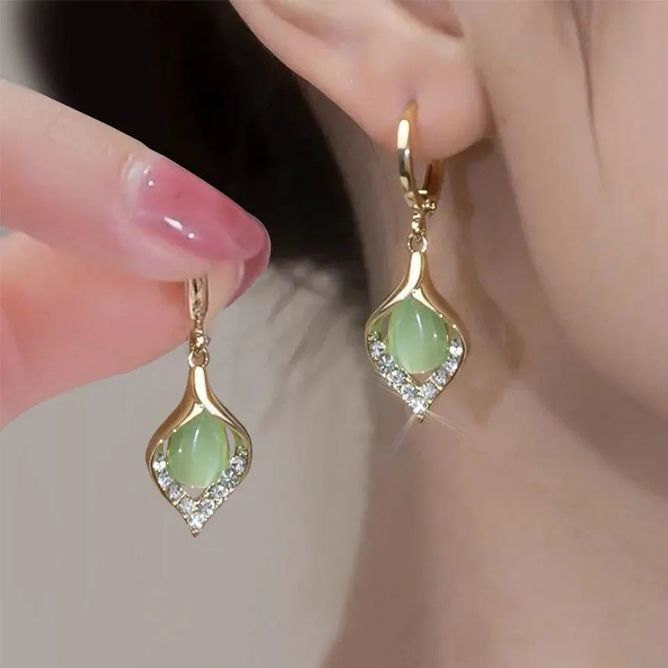 Green Gem Drop Earrings with Crystal Detailing for Women | Jasmine Green