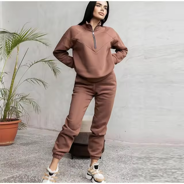 Half-Zip Fleece Tracksuit Set for Women | Krishna Brown