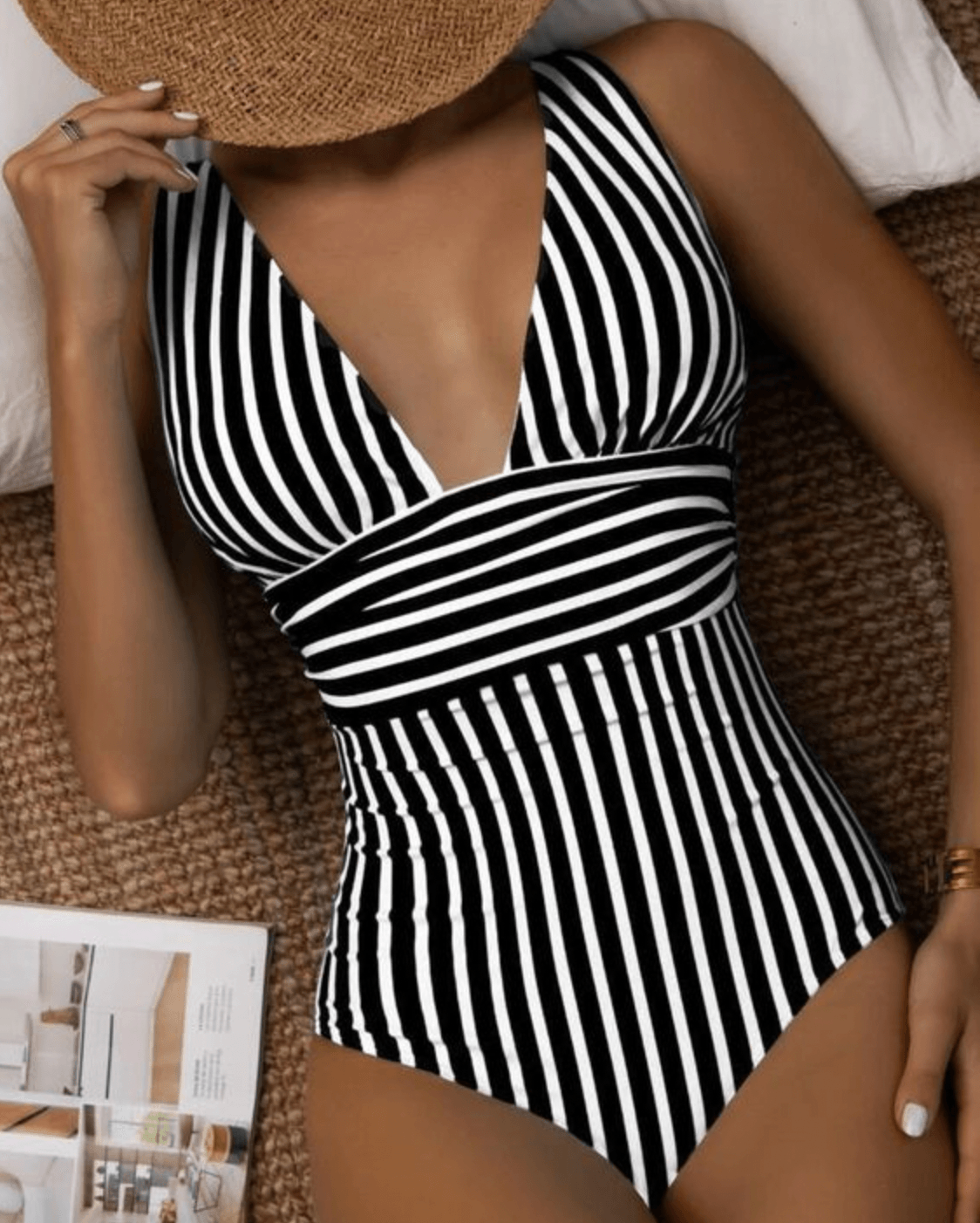 Halter Neck Striped One-Piece Swimsuit for Women | Trelis Black