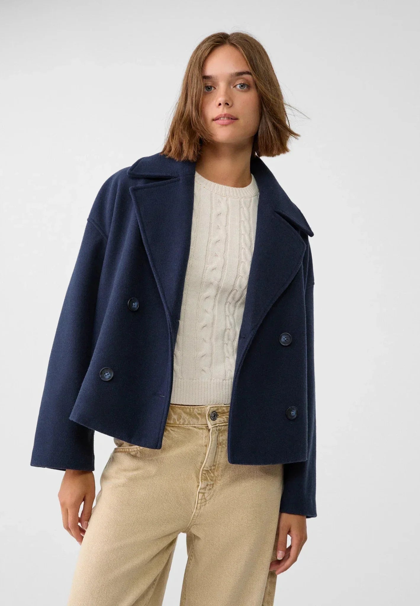 Cropped Double-Breasted Coat Jacket for Women | Elenara Marine Blue