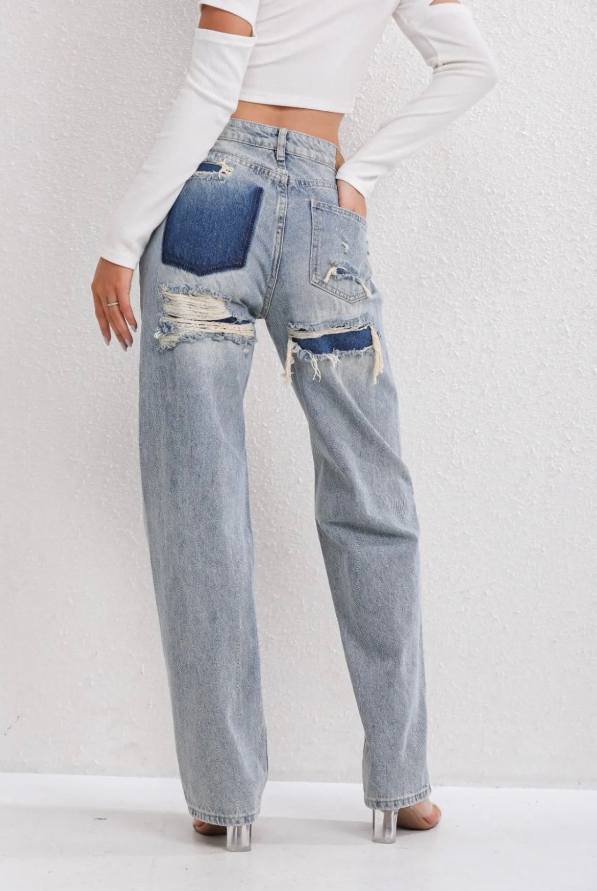 High-Waist Patchwork Distressed Straight-Leg Jeans for Women | Dani