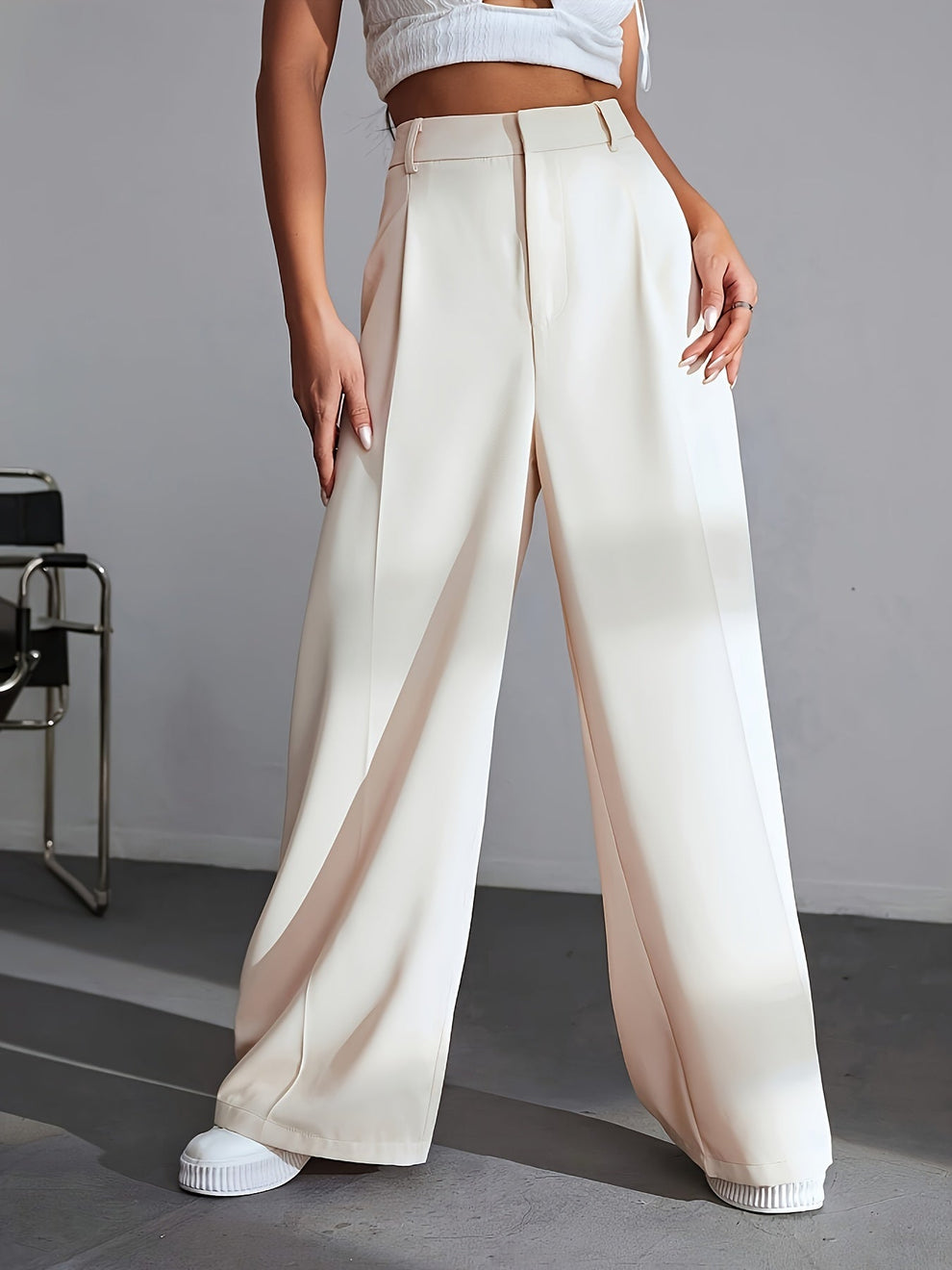 High-Waisted Pleated Wide-Leg Trousers for Women | Leilani Cream