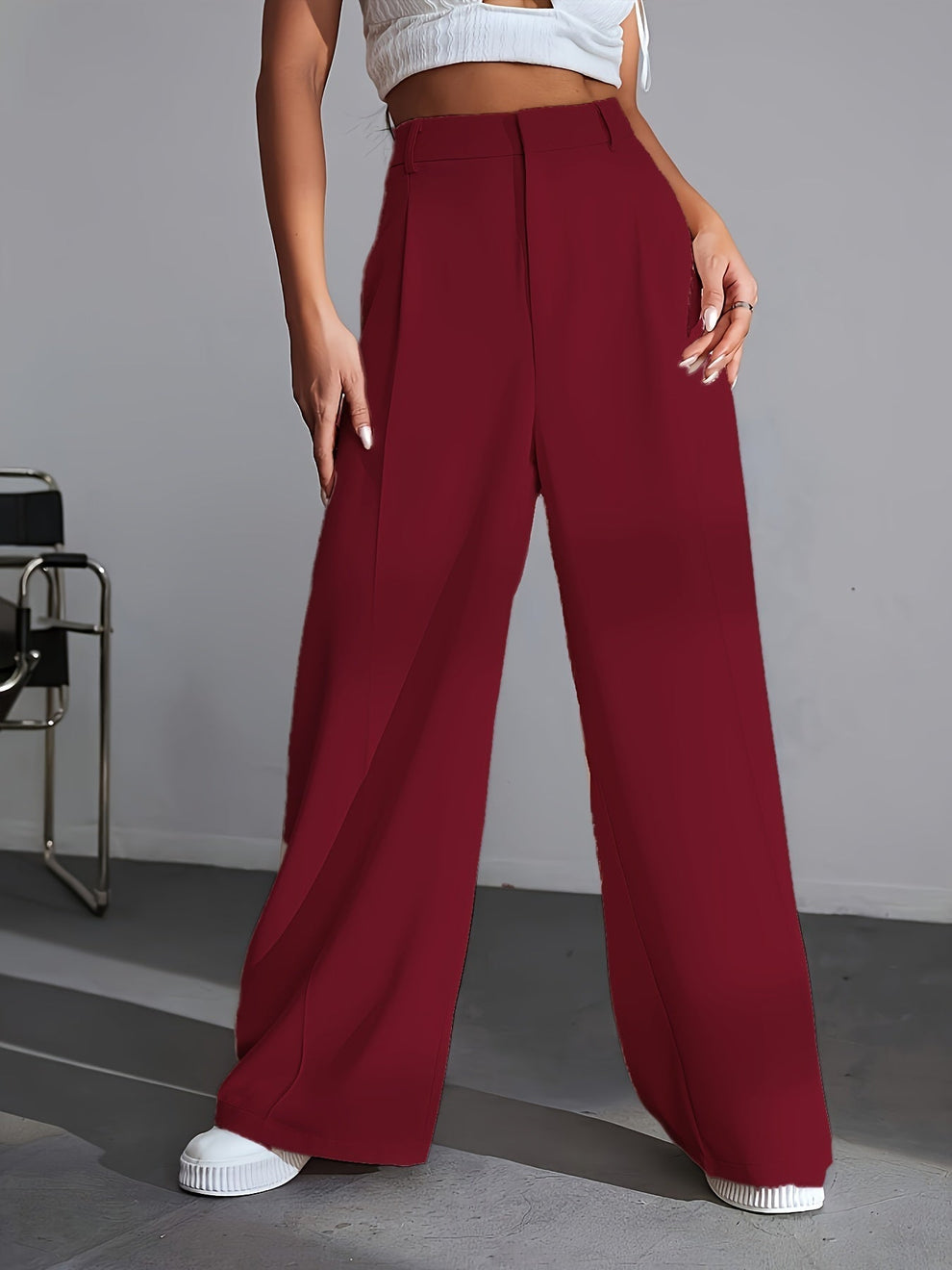 High-Waisted Pleated Wide-Leg Trousers for Women | Leilani Red