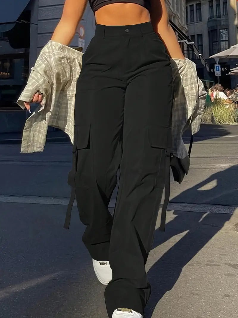 High-Waisted Wide-Leg Cargo Pants for Women | Johanna Black