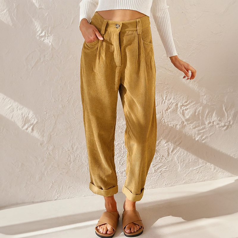 High Waist Corduroy Pants For Women | Selina Yellow