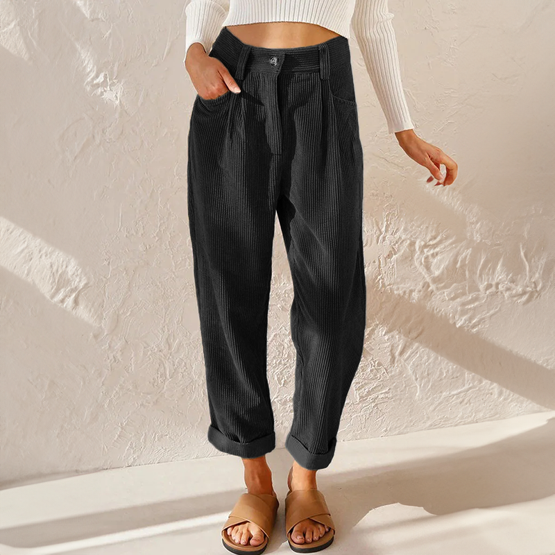 High Waist Corduroy Pants Casual Fit for Women | Juli Black