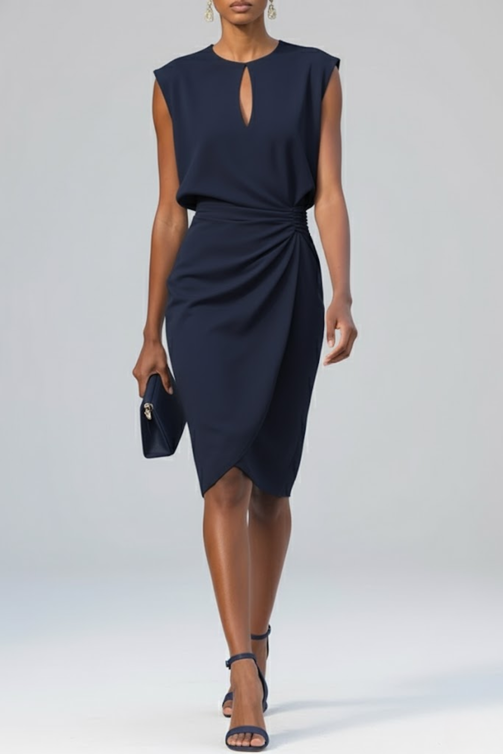 Kara | Keyhole Neck Ruched Midi Cocktail Dress Navy Blue