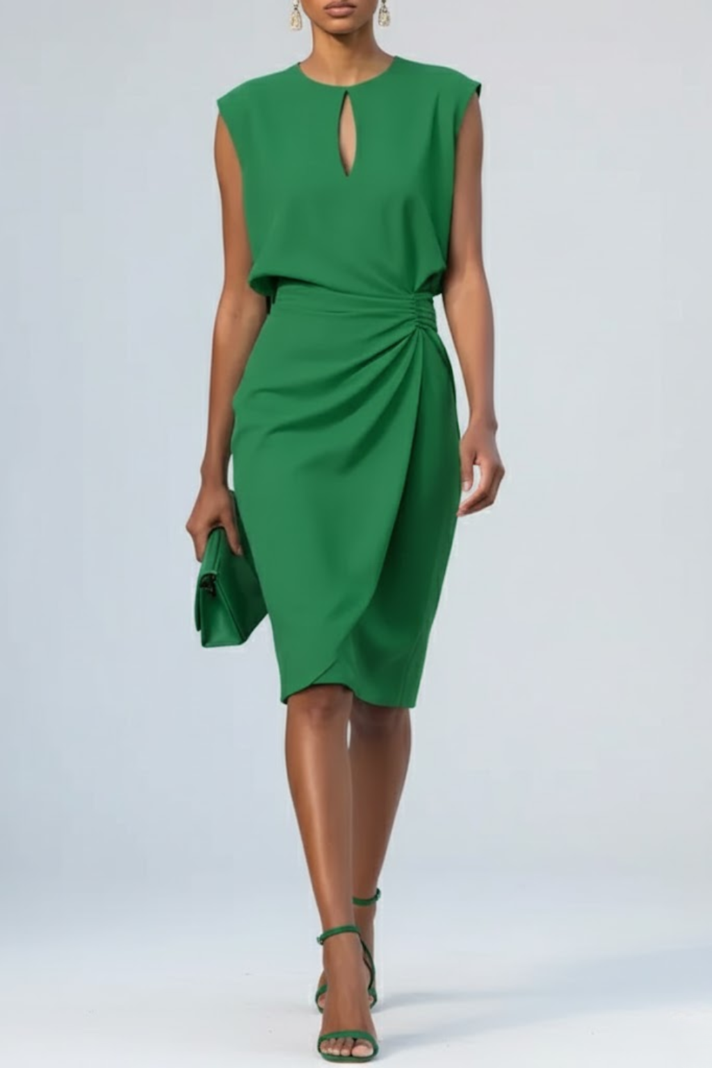 Kara | Keyhole Neck Ruched Midi Cocktail Dress Green