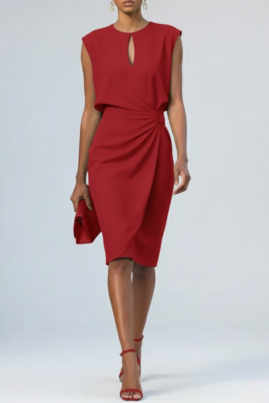 Kara | Keyhole Neck Ruched Midi Cocktail Dress Red