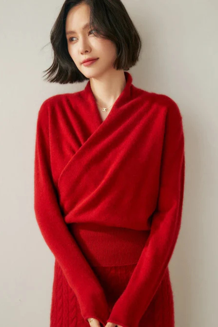 Cashmere Sweater Crossover Collar for Women | Kylor Red