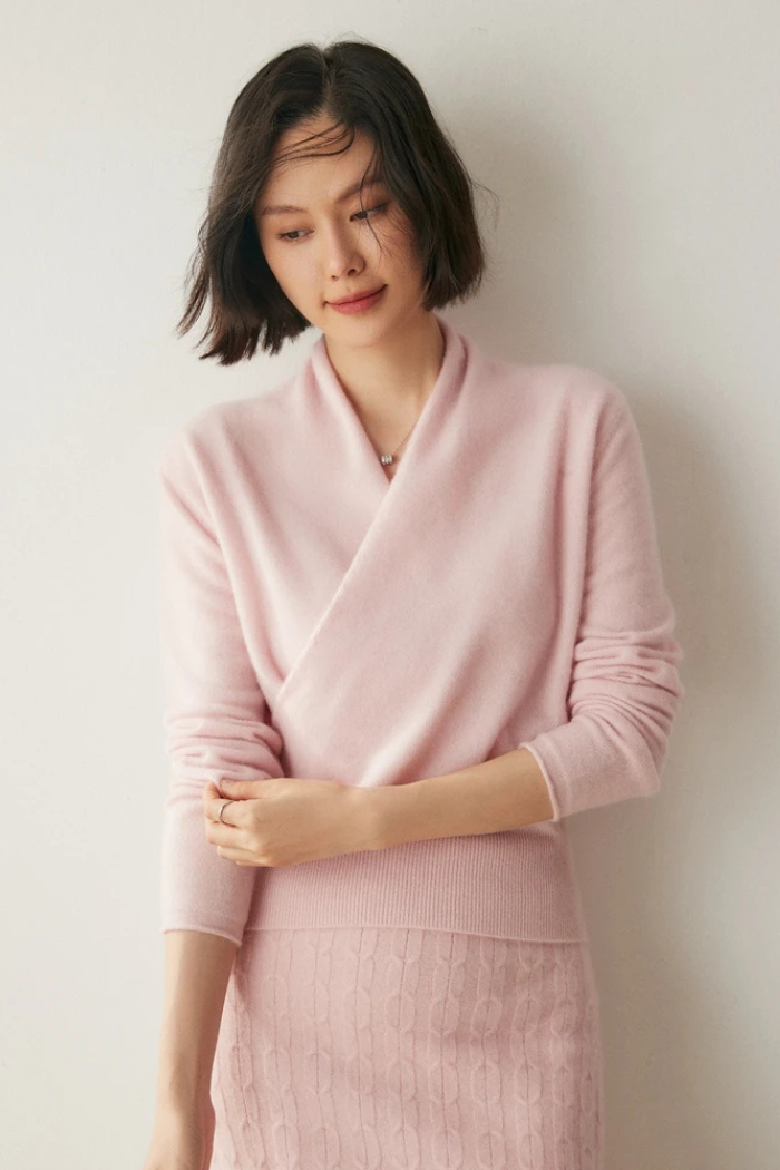 Cashmere Sweater Crossover Collar for Women | Kylor Pink