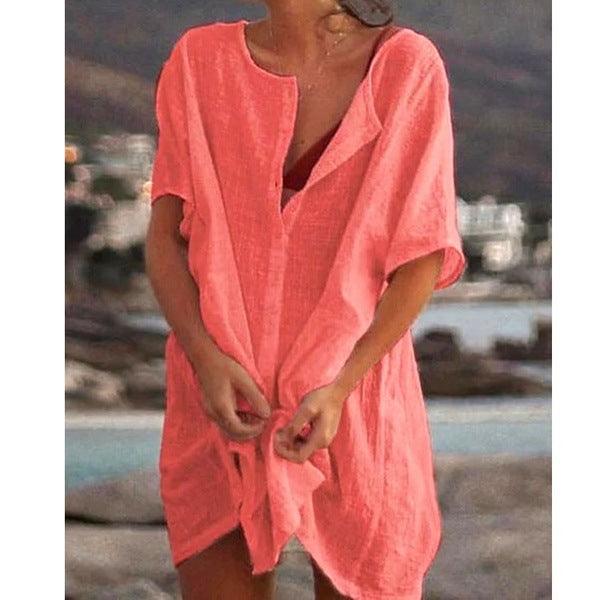 Lightweight Cotton Beach Cover-Up Shirt for Women | Caroline Red