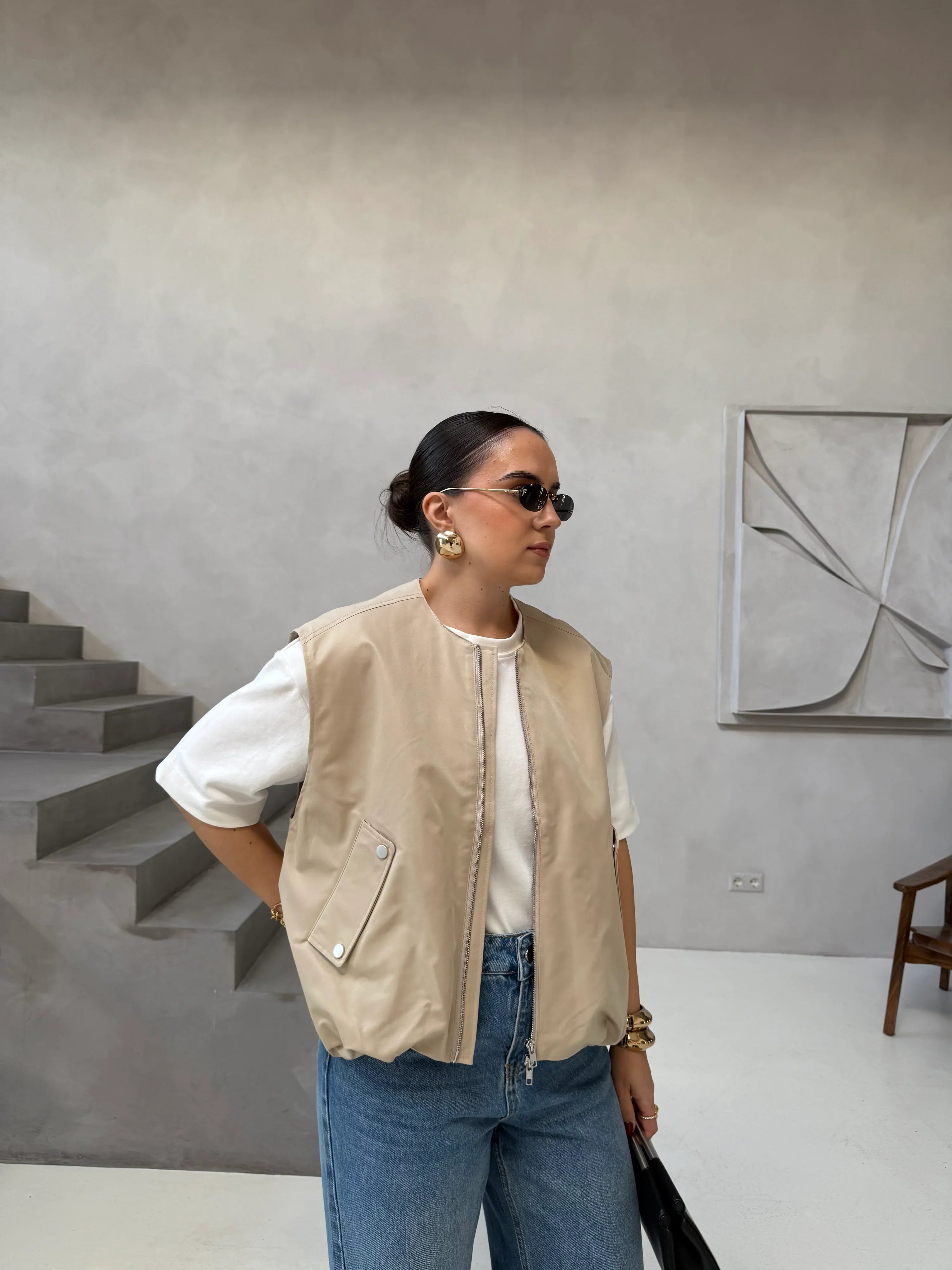 Lightweight Sleeveless Bomber Vest Jacket for Women | Judy Khaki