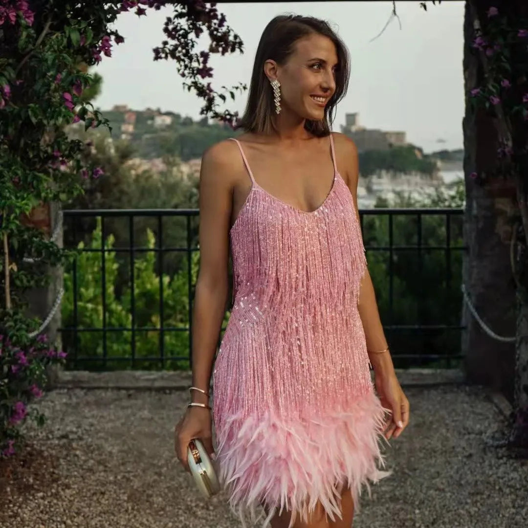 Lira | Feather Cocktail Dress Light Pink