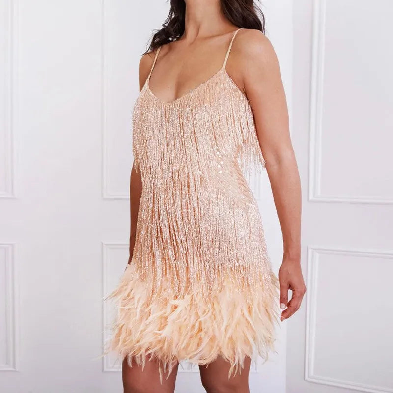Lira | Feather Cocktail Dress Beige