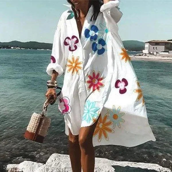 Long Sleeve Beach Cover-Up for Women | Camille White - Flowers
