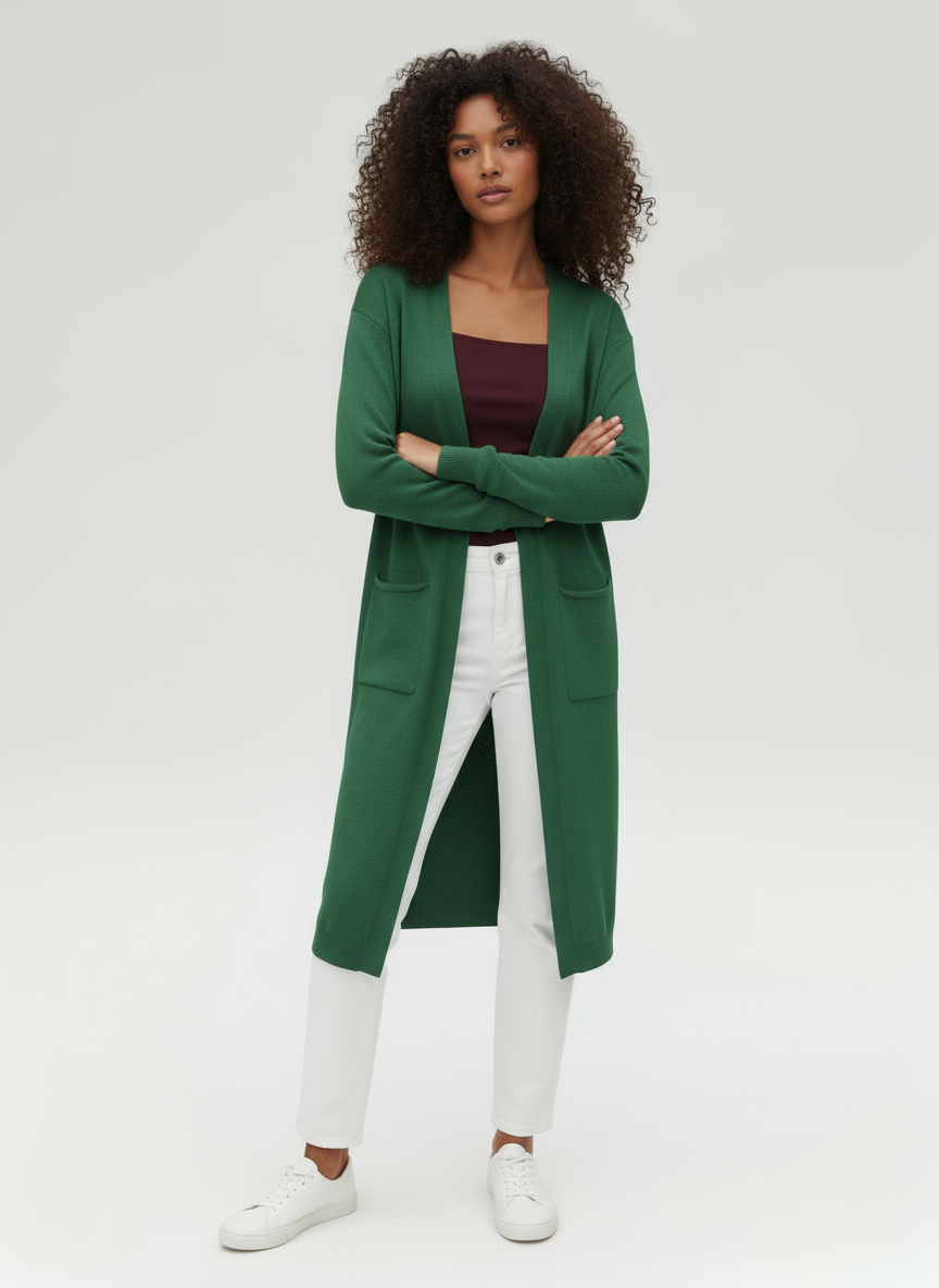 Long Open-Front Knit Cardigan with Pockets | Fara