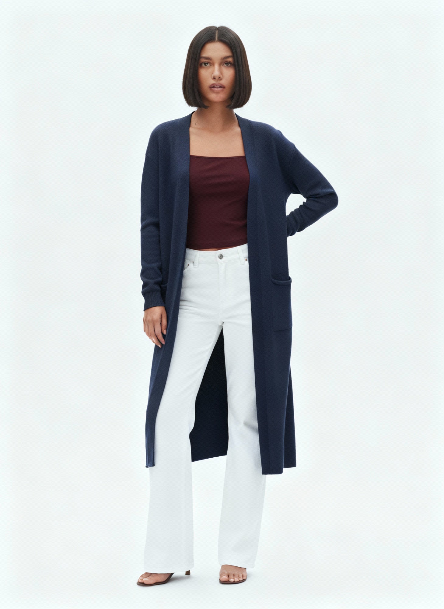 Long Open-Front Knit Cardigan with Pockets | Fara