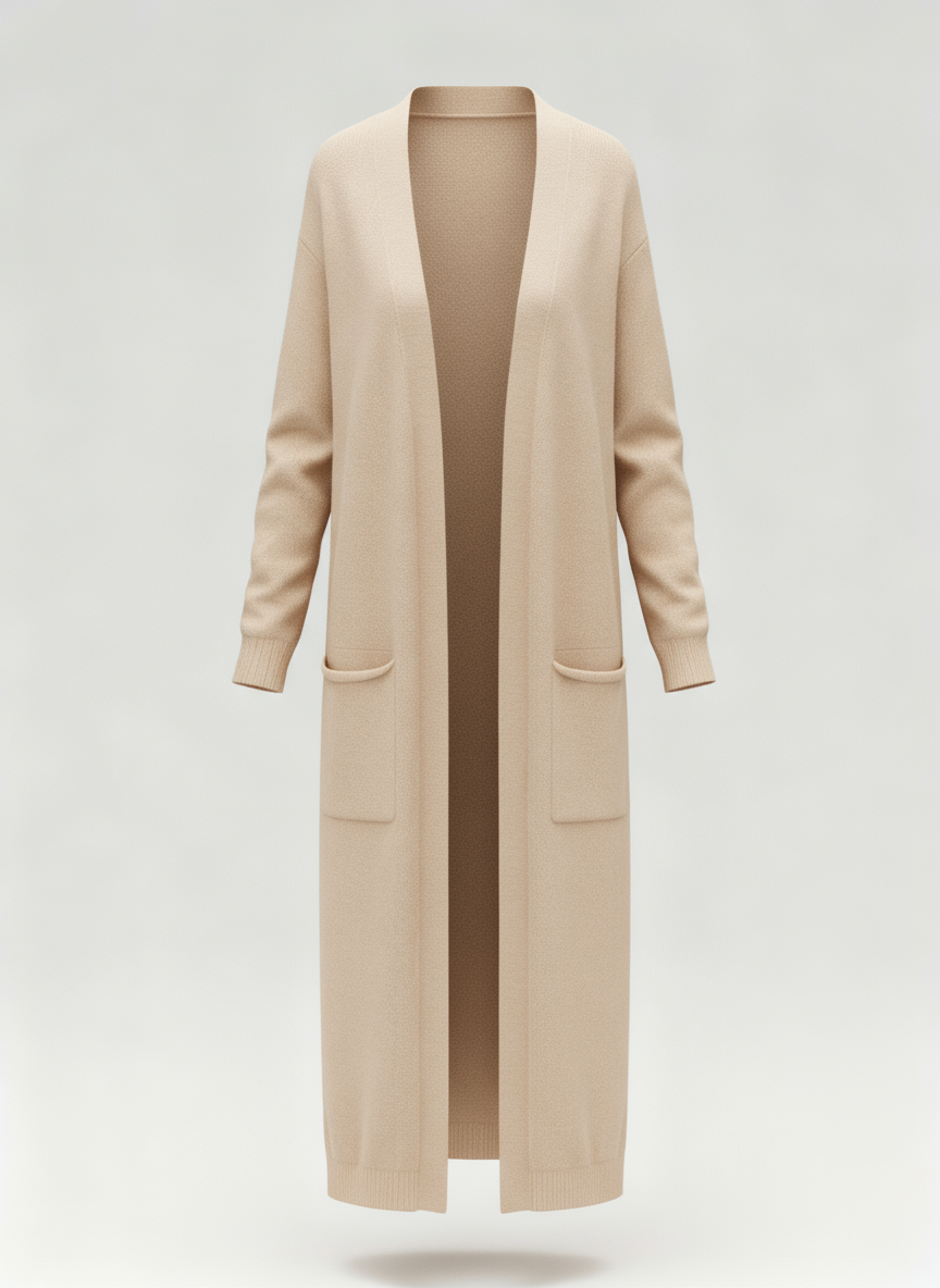 Long Open-Front Knit Cardigan with Pockets | Fara Camel