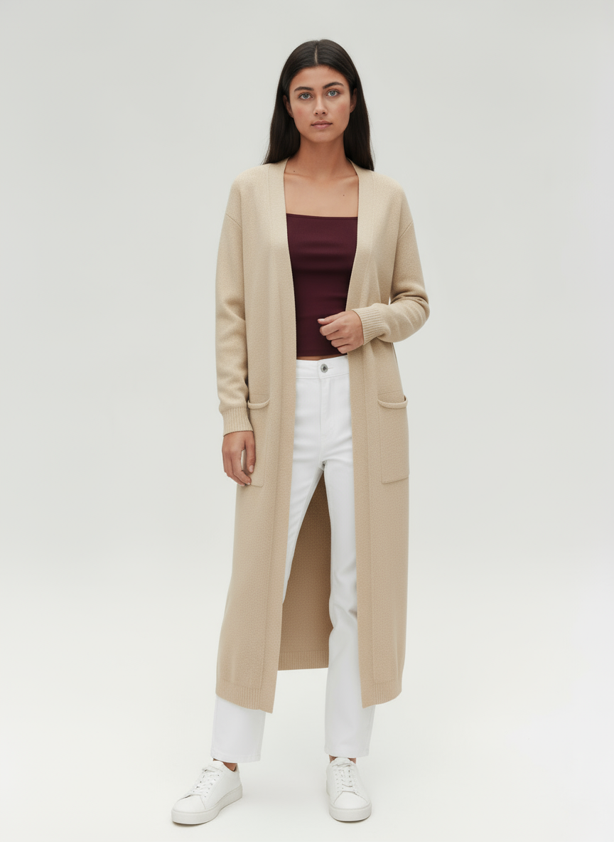 Long Open-Front Knit Cardigan with Pockets | Fara
