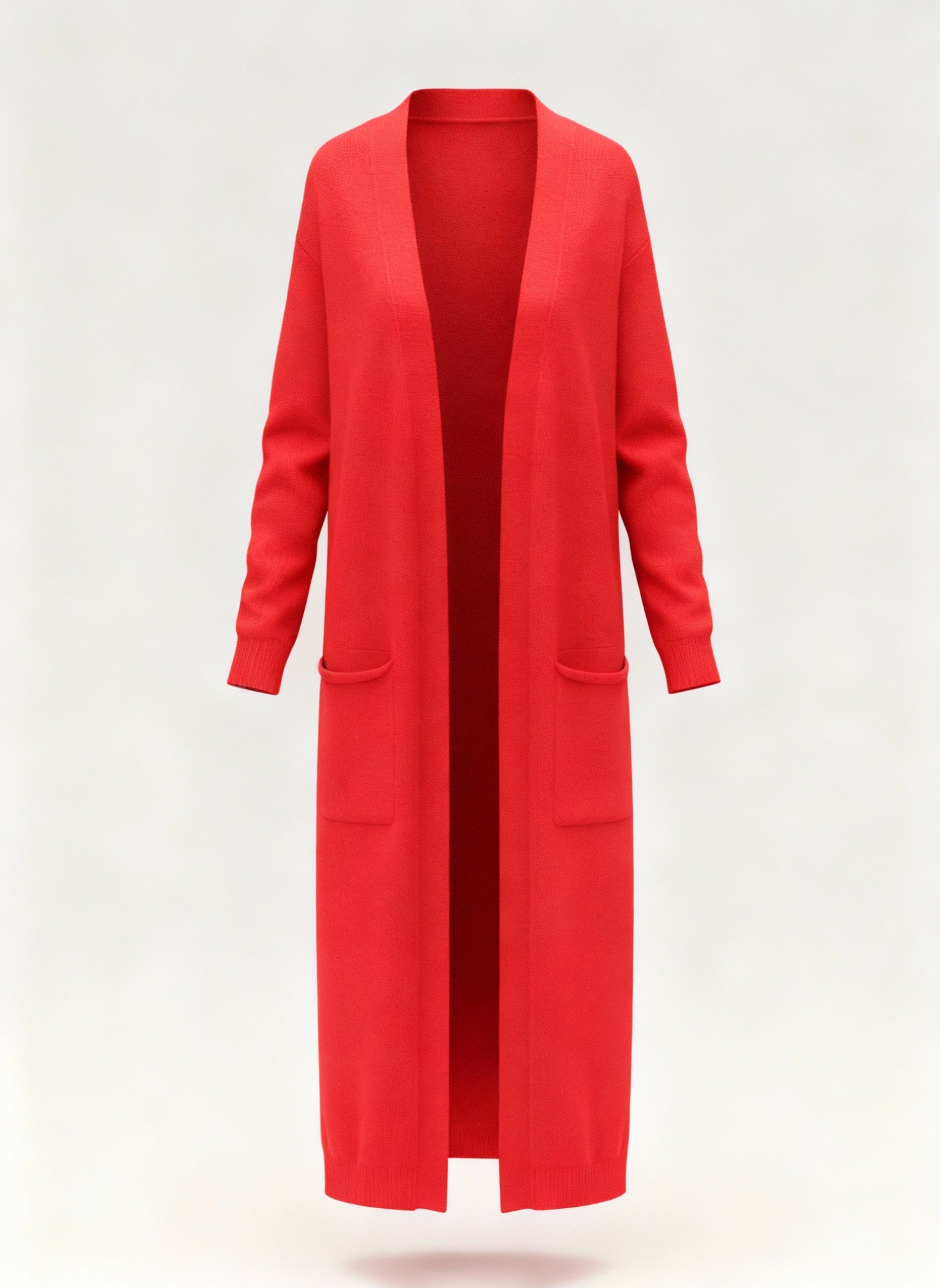 Long Open-Front Knit Cardigan with Pockets | Fara Red