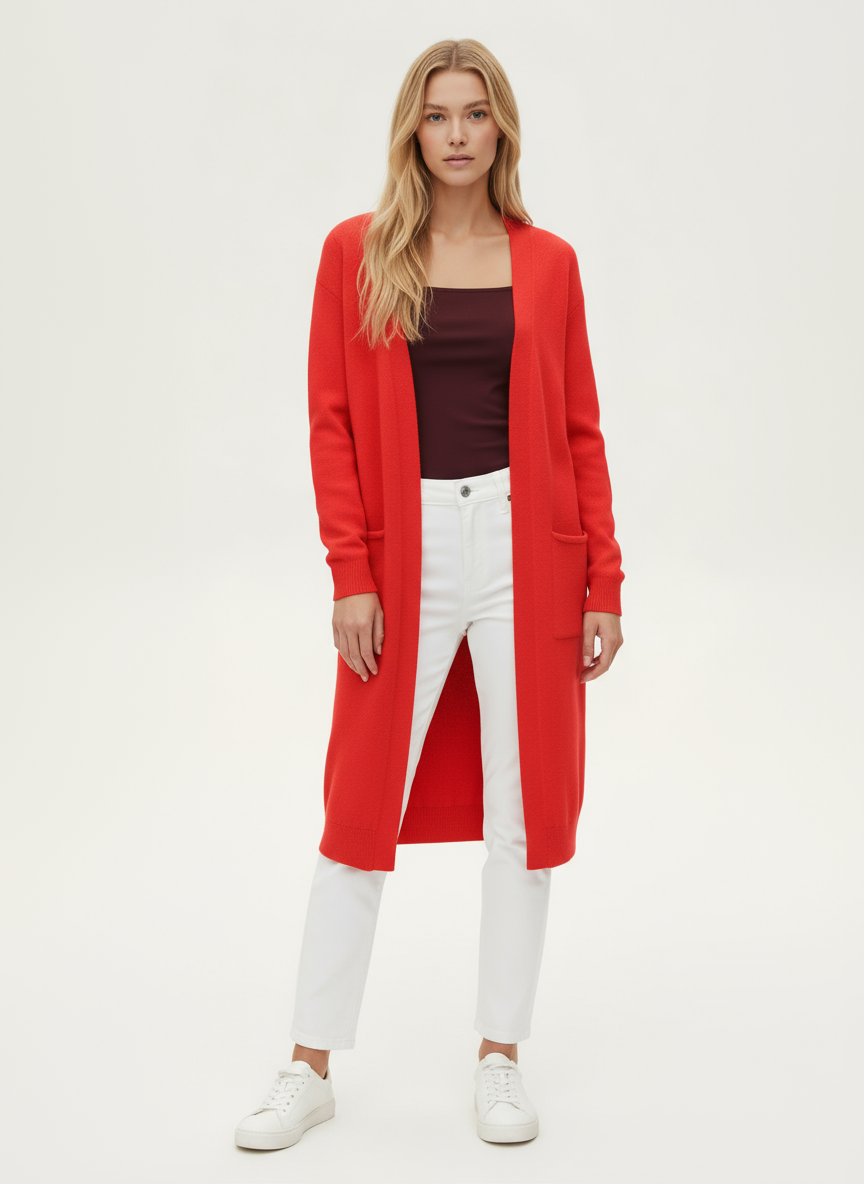 Long Open-Front Knit Cardigan with Pockets | Fara
