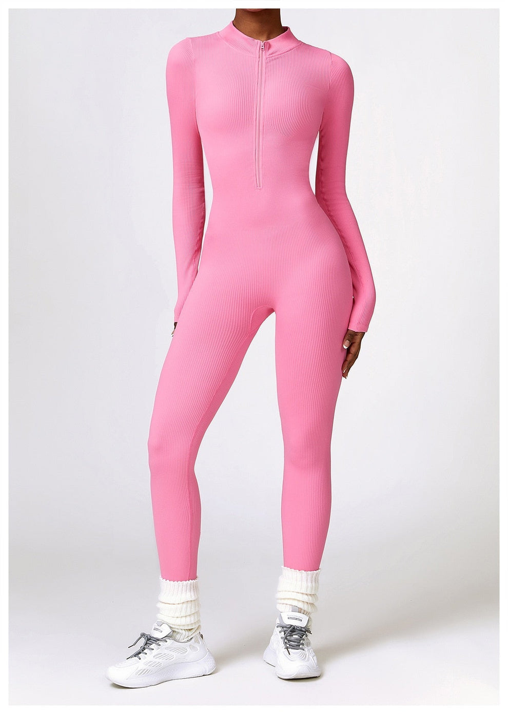 Long Sleeve Ribbed Zip-Up Jumpsuit for Women | Dorothea Pink