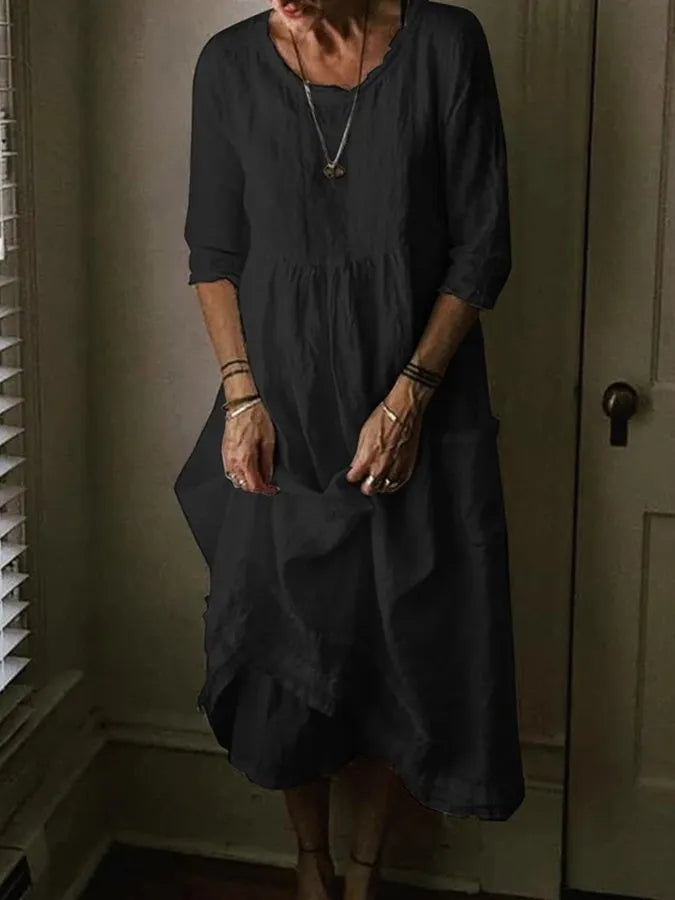 Loose Fit Cotton Linen Dress with Pockets for Women | Amanda Black