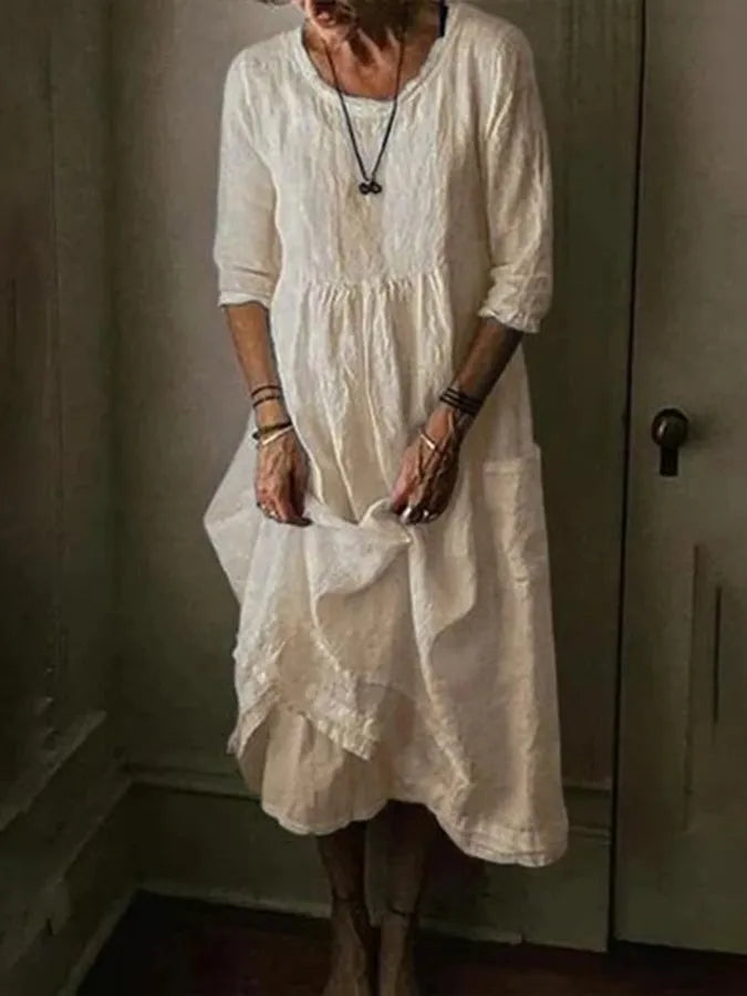 Loose Fit Cotton Linen Dress with Pockets for Women | Amanda Beige