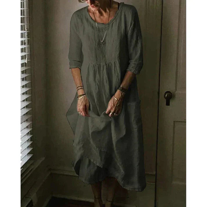 Loose Fit Cotton Linen Dress with Pockets for Women | Amanda Dark green