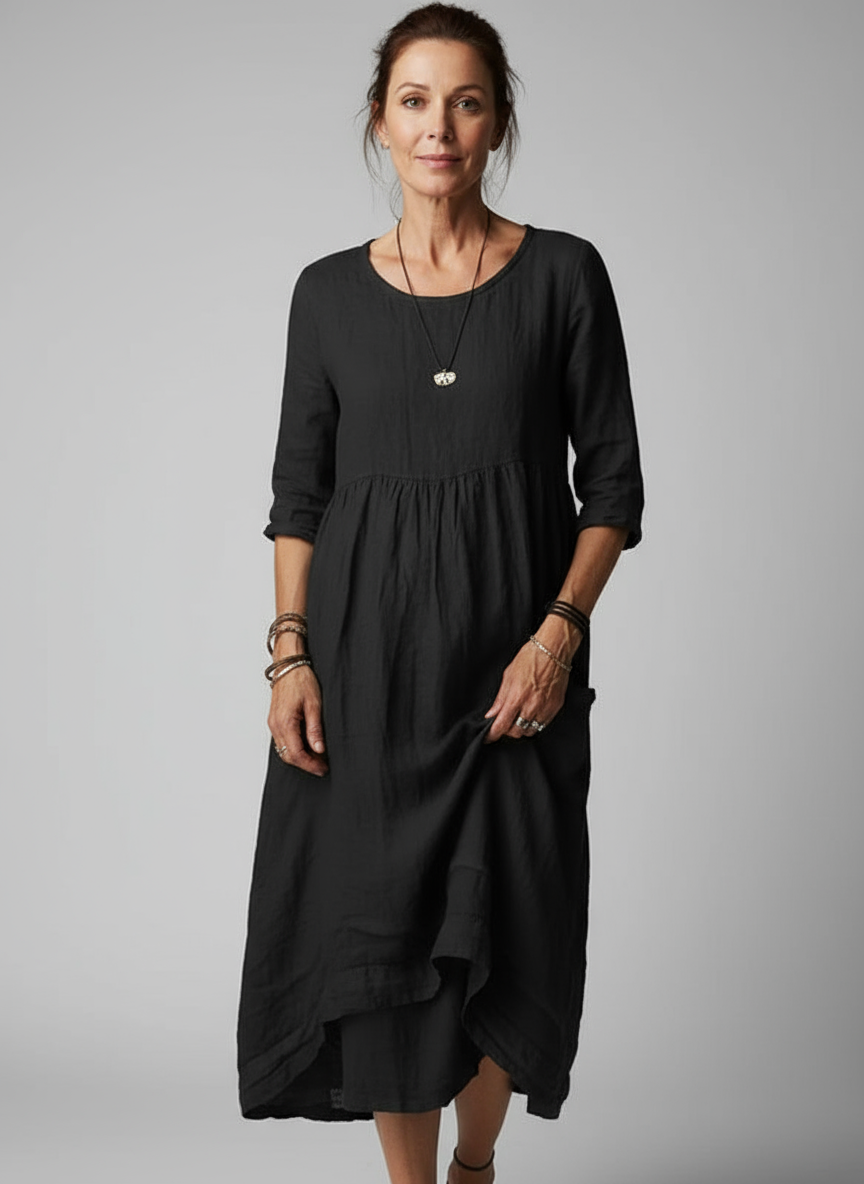 Loose Fit Cotton Linen Dress with Pockets for Women | Amanda Black