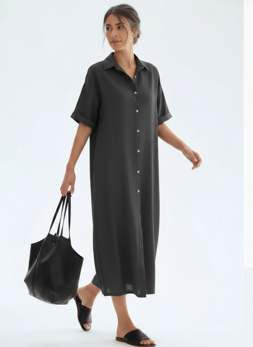 Loose Fit Linen-Blend Button-Down Shirt Dress for Women | Lucia