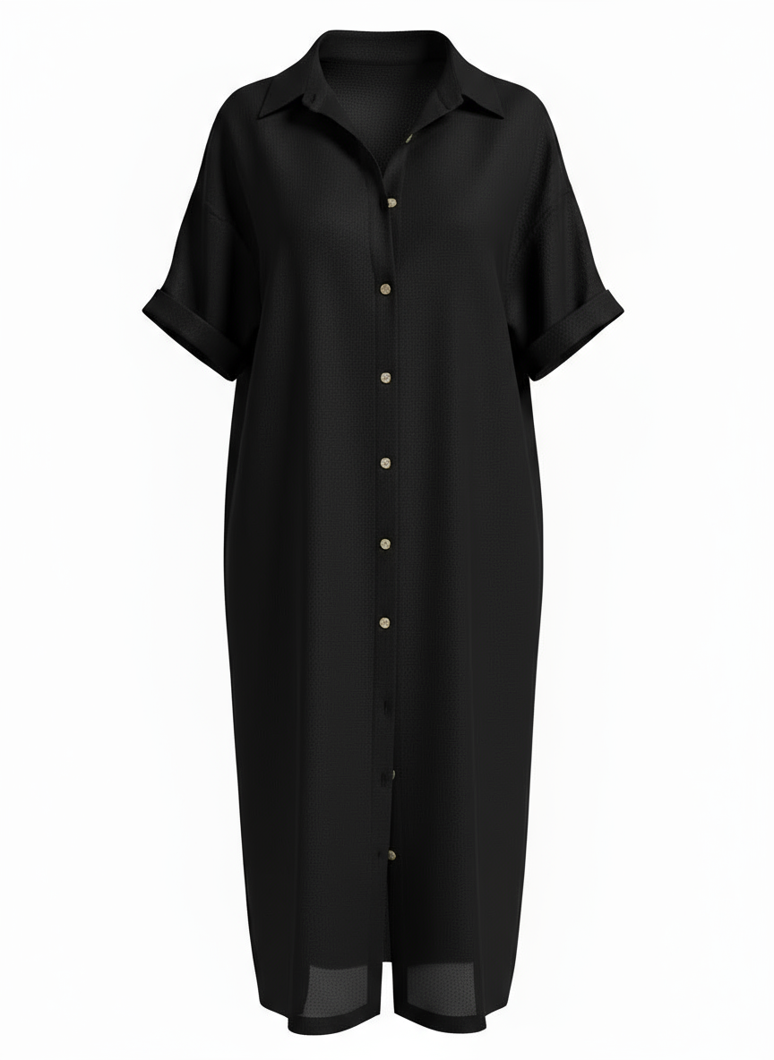 Loose Fit Linen-Blend Button-Down Shirt Dress for Women | Lucia Black