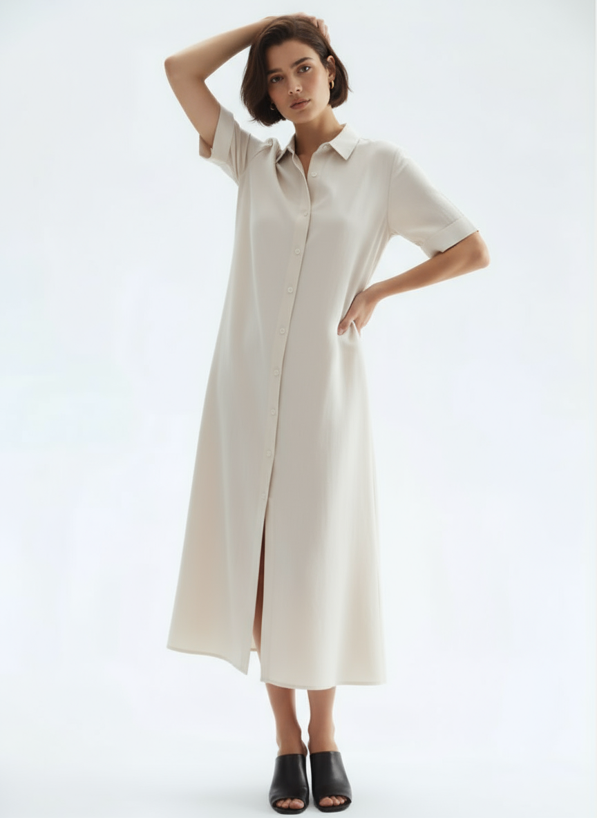 Loose Fit Linen-Blend Button-Down Shirt Dress for Women | Lucia