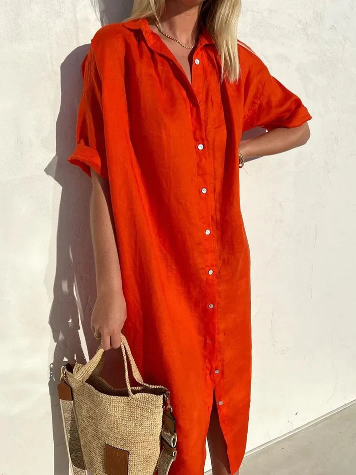 Loose Fit Linen-Blend Button-Down Shirt Dress for Women | Lucia Red
