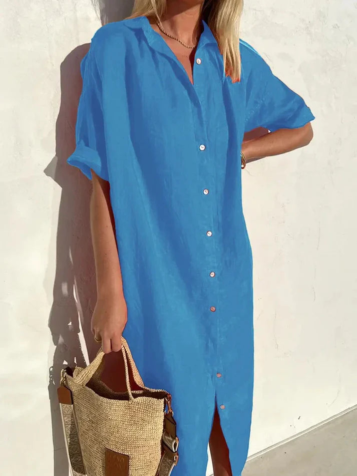 Loose Fit Linen-Blend Button-Down Shirt Dress for Women | Lucia Blue
