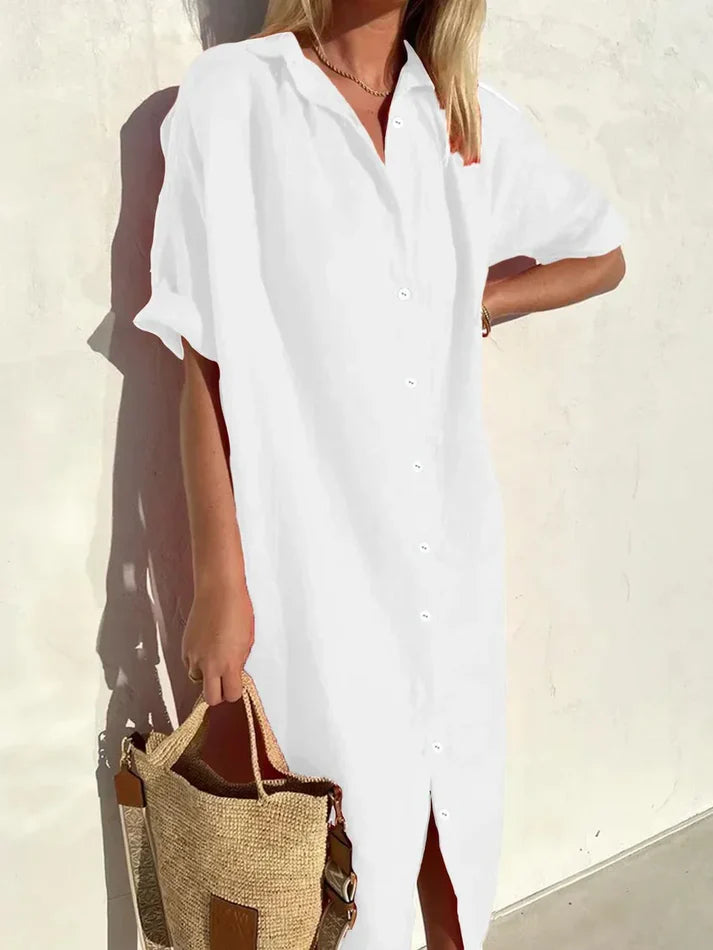 Loose Fit Linen-Blend Button-Down Shirt Dress for Women | Lucia White