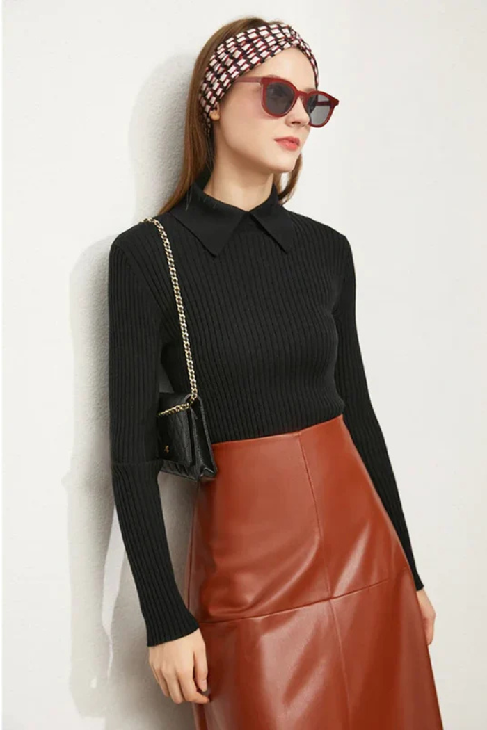 Long Sleeve Knit Polo Casual Fit for Women | Vivienne Black