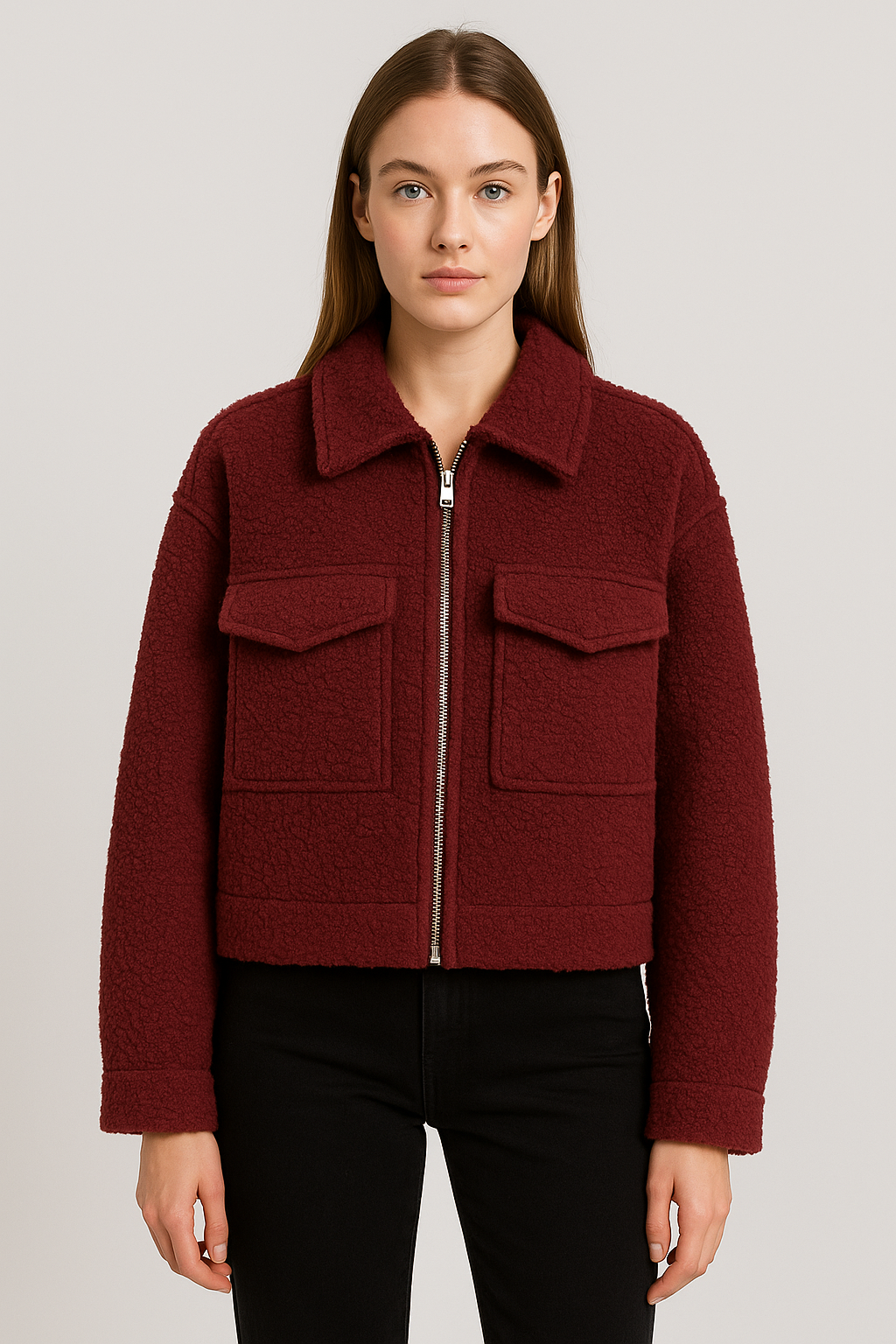Zipped Bomber Jacket Classic Style for Women | Marcelline Wine Red