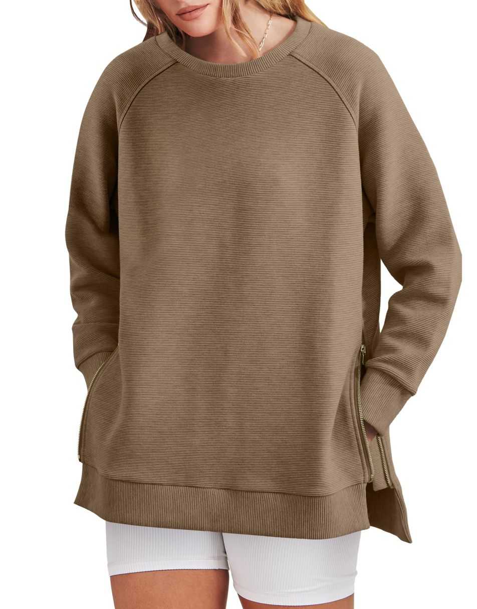 Zippered Tunic Sweatshirt Long Sleeve for Women | Maribel Khaki