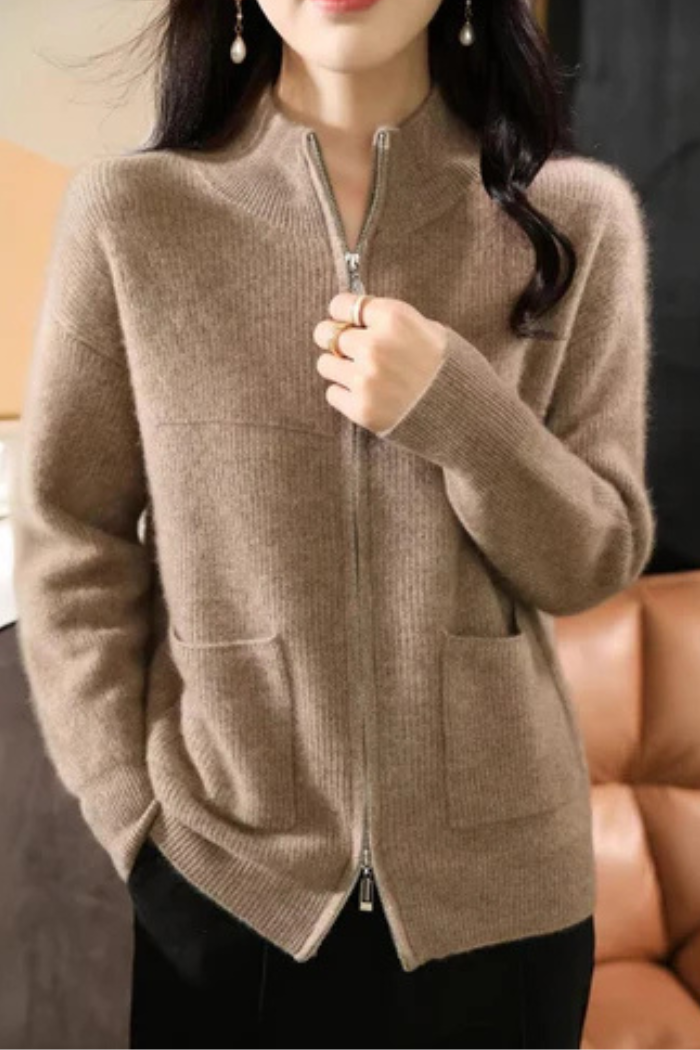 Wool Zip-Up Sweater Relaxed Fit for Women | Marisse Camel One Size