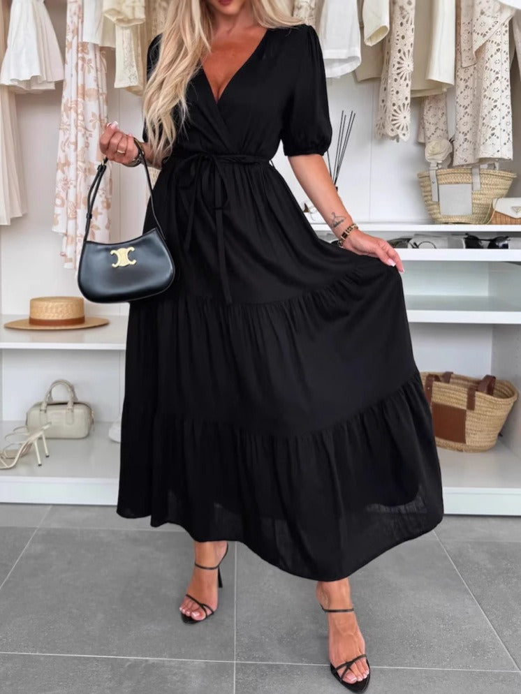Maxi Dress with A-Line Fit and Puff Sleeve for Women | Ruffa Black