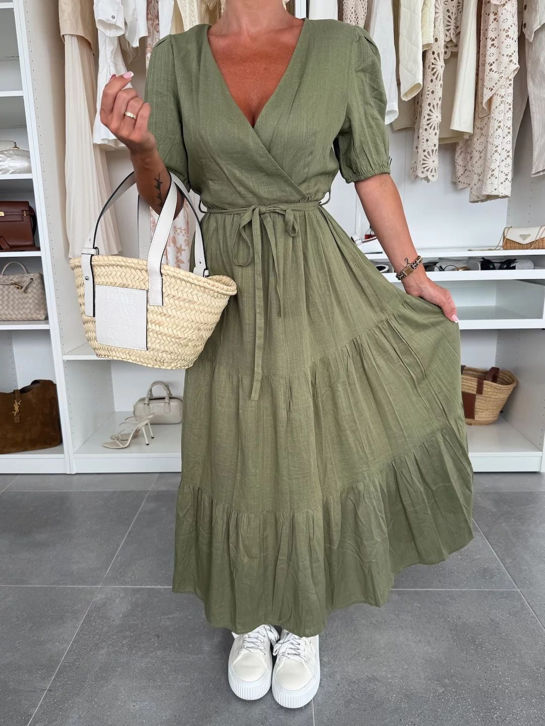 Maxi Dress with A-Line Fit and Puff Sleeve for Women | Ruffa Green