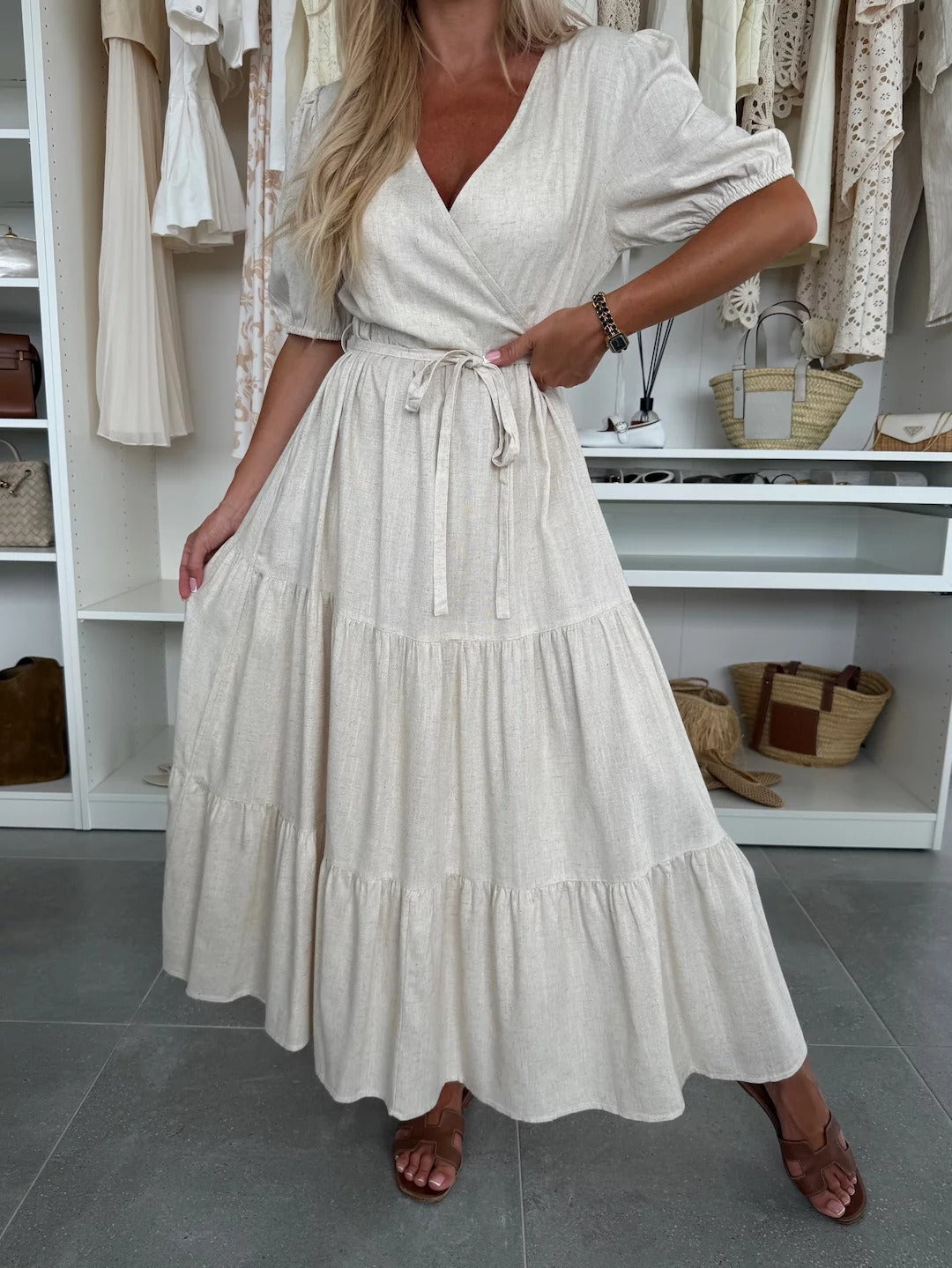 Maxi Dress with A-Line Fit and Puff Sleeve for Women | Ruffa White