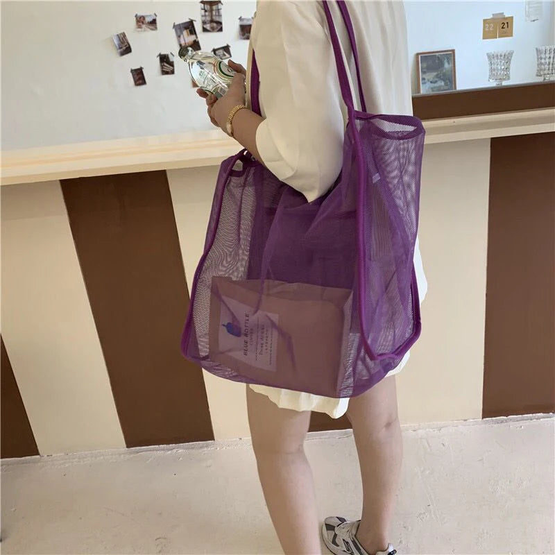 Mesh Tote Bag Spacious Design For Women | Jorina Purple 40x14x39cm